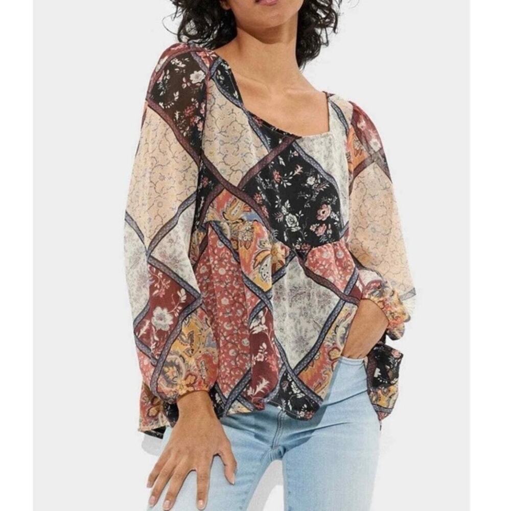 American Eagle Boho Blouse Flowy Patchwork Colorful Women's XS